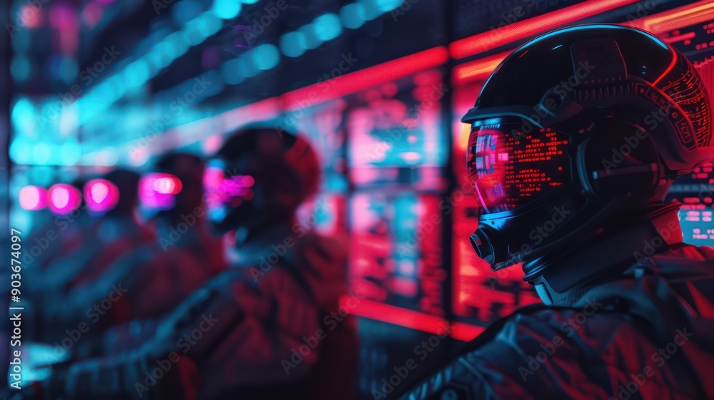 A futuristic logistics team collaborating with AI assistants, augmented reality interfaces A futuristic logistics team collaborating with AI assistants, augmented reality interfaces