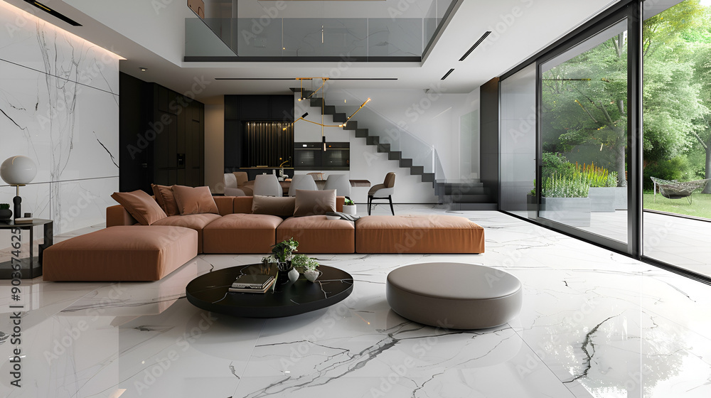Modern living room interior, Luxury, modern gray marble stone stair ...