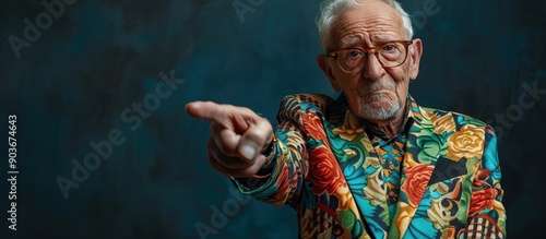 A Senior Man in a Floral Jacket Pointing at the Viewer