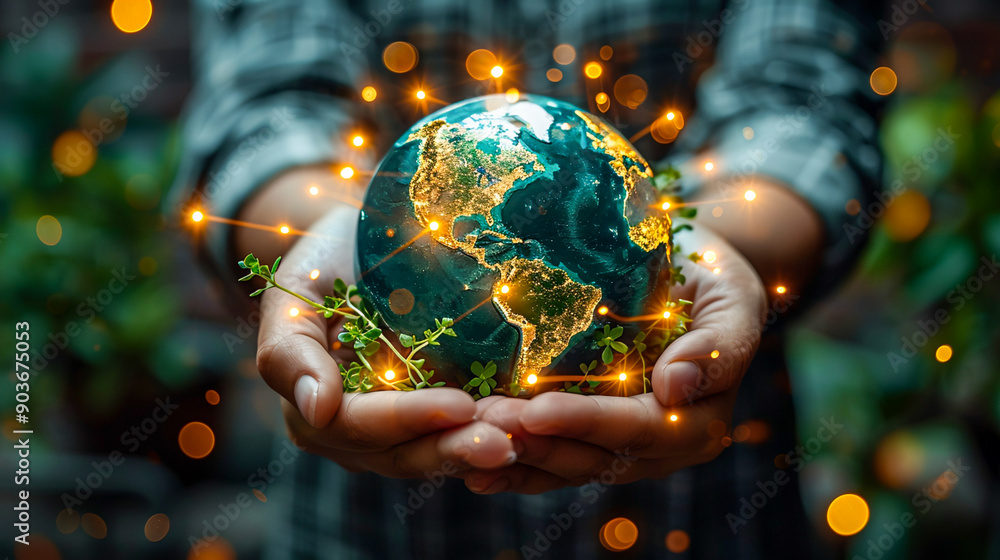 Fototapeta premium Sustainable Energy Concept - Hand Holding Globe Surrounded by Energy-Efficient Light Bulbs