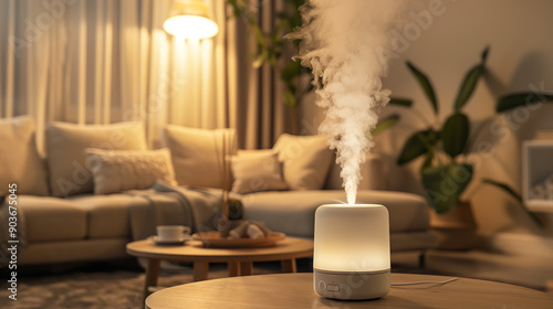 Wallpaper Mural Modern Aroma Humidifier in a Cozy Living Room. The scene features a sleek, white aroma humidifier emitting a fine mist on a wooden coffee table. The background includes a comfortable sofa Torontodigital.ca