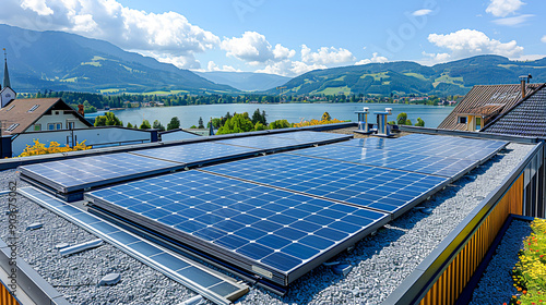 Harnessing Solar Energy: Green Power Generation with Solar Panels on Rooftop Under Sunlight photo