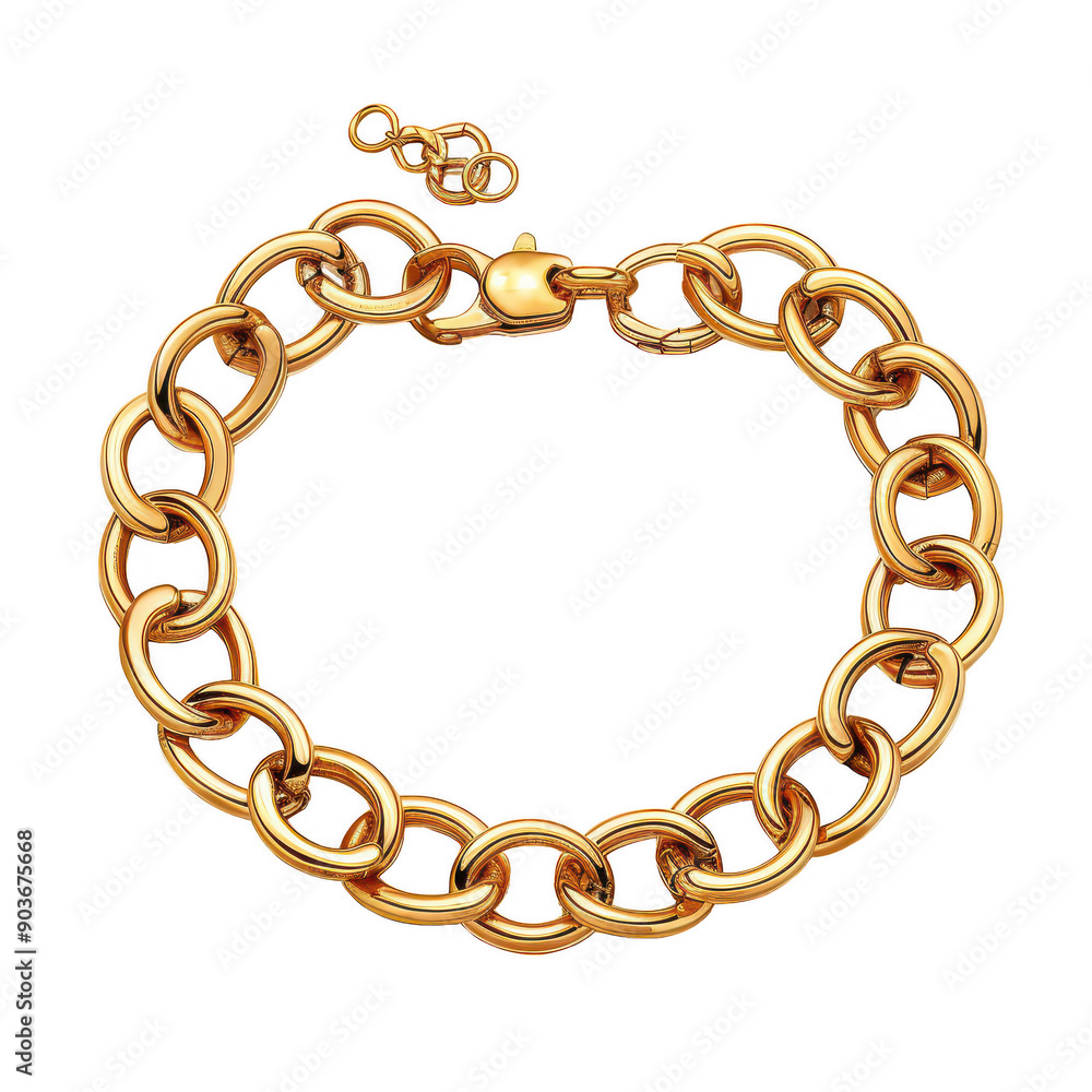 Stylish Gold Chain Bracelet with Circular Links on White Background Stylish Gold Chain Bracelet with Circular Links on White Background