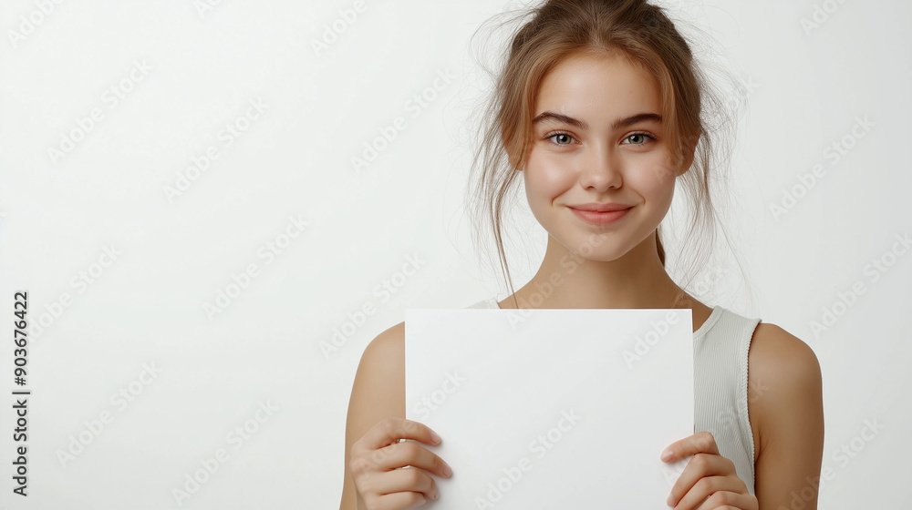 Smiling young woman with long hair holding blank paper against white background Smiling young woman with long hair holding blank paper against white background