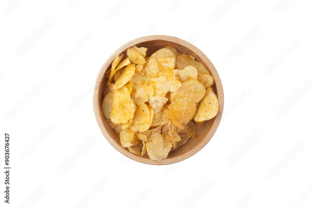Pile of potato chips in wooden bowl isolated on white background. top view Pile of potato chips in wooden bowl isolated on white background. top view