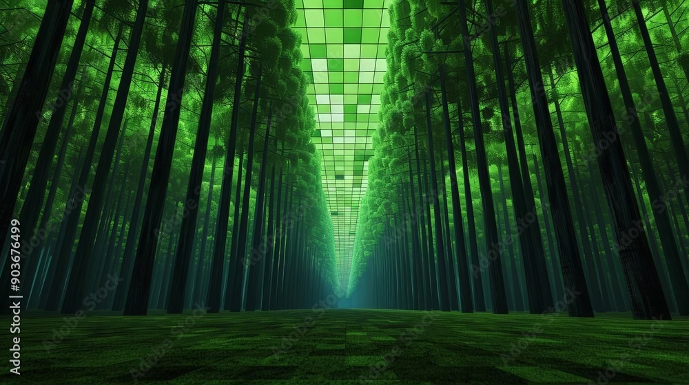 Fototapeta premium Surreal forest with CGI grid trees, Vibrant greens, Digital art