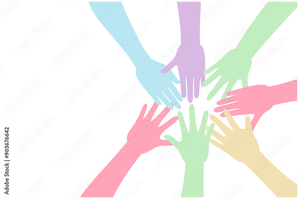 Fototapeta premium 円陣を組み手を重ねて協力する人々のイラスト