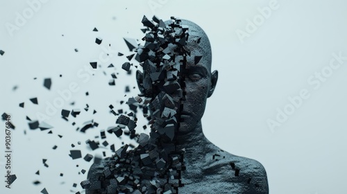 Surreal human figure dissolving into a CGI grid, Metallic tones, Digital art