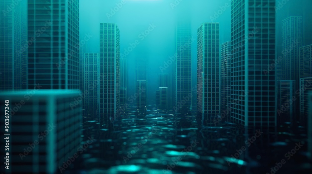Surreal underwater city with CGI grid buildings, Neon blues, 3D illustration Surreal underwater city with CGI grid buildings, Neon blues, 3D illustration