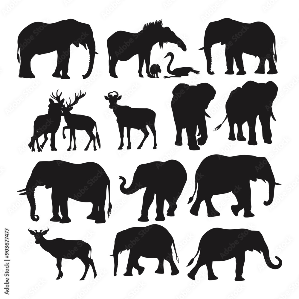 Silhouettes of elephants, deer, and other animals. Silhouettes of elephants, deer, and other animals.