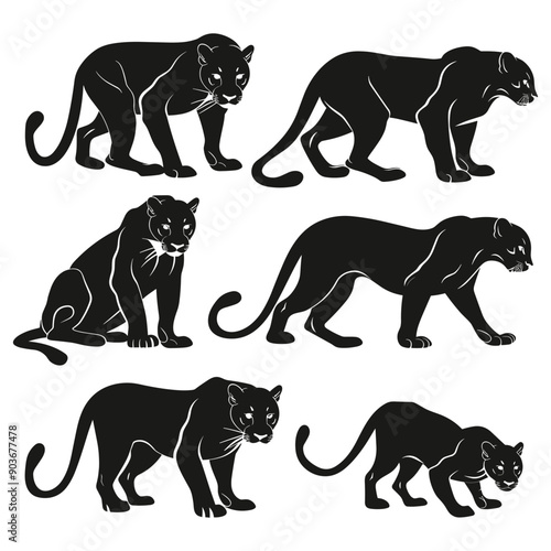 Set of 6 black panther silhouettes in different poses.