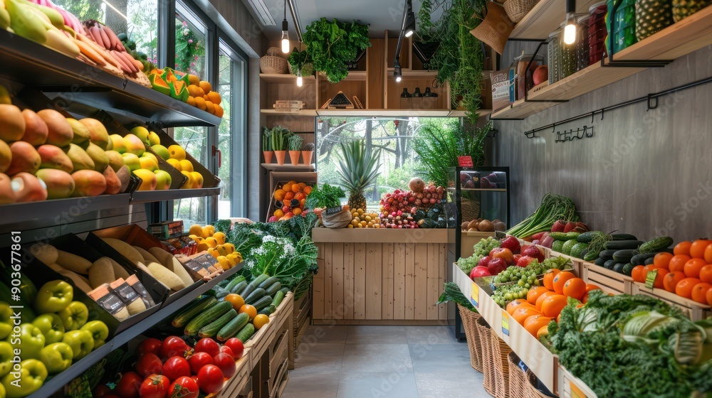 Obraz premium Interior of an organic produce store with neatly arranged fruits and vegetables
