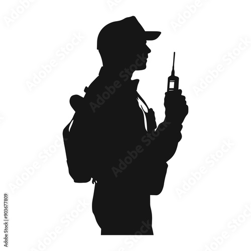 Silhouette of a man with a backpack and a walkie talkie.
