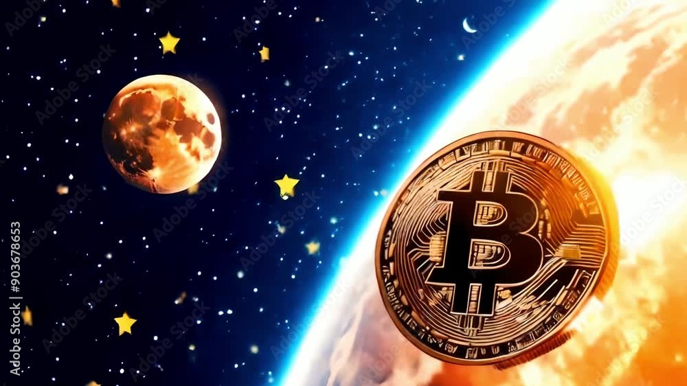 Bitcoin coin flying towards the earth, the moon, the stars, bright colors, the galaxy. Video generative AI Bitcoin coin flying towards the earth, the moon, the stars, bright colors, the galaxy. Video generative AI