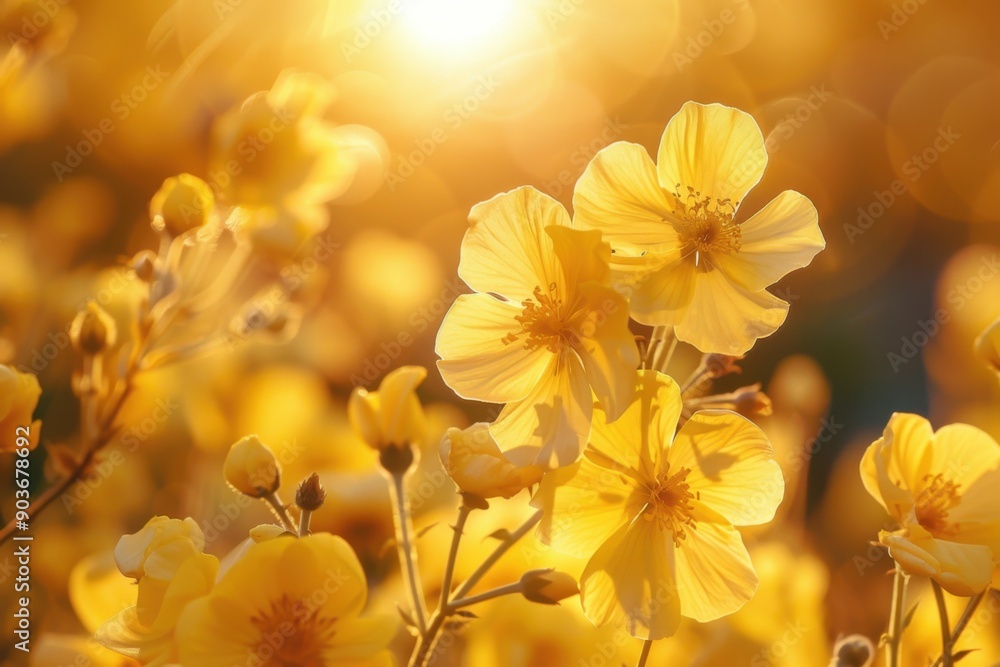 Obraz premium Yellow flowers illuminated by sunlight creating a warm glow