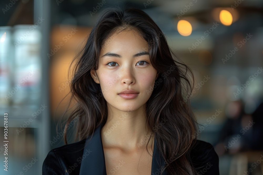 Natural portrait of an asian woman with long hair in indoor setting. Natural portrait of an asian woman with long hair in indoor setting.