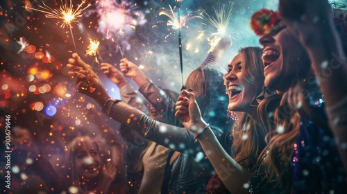 Friends gather joyfully to celebrate New Year's Eve, holding sparkles and cheering amidst a festive atmosphere filled with laughter and excitement © Ilia Nesolenyi