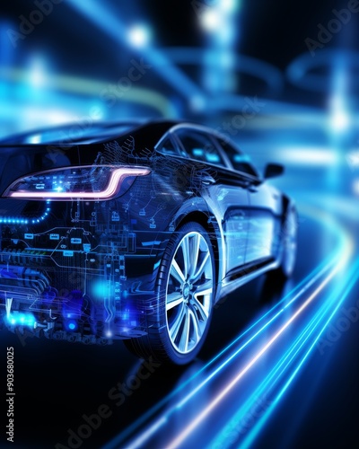Illustration of modern automotive technology  vibrant blue electric car lithium battery pack