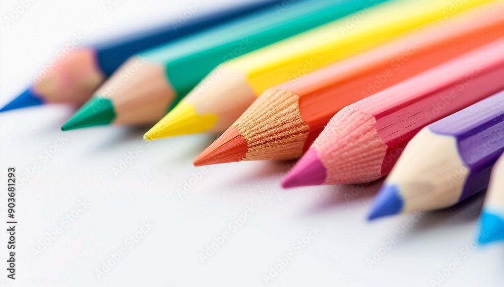 Bright and colorful pencils arranged in a row, showcasing the vibrant hues against a white background. Bright and colorful pencils arranged in a row, showcasing the vibrant hues against a white background.