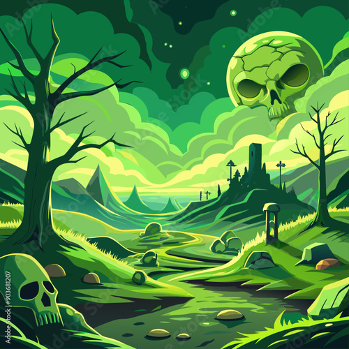 A devastated countryside dotted with radioactive craters and skeletal trees, under a toxic, green-tinted sky