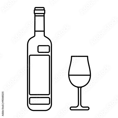 Malbec wine bottle and glasses, isolated on a background of transparency. Illustration of alcohol glass icon. Simple outline and design elements. Party of cabernet, merlot, red wine, and chardonnay