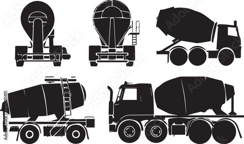 Flat Black Concrete Mixer Truck  Silhouette Vector Art Bundle