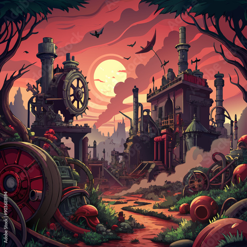 A steampunk-inspired world in ruin, with Victorian-style machinery overtaken by vines and rust, under a polluted, crimson sky backgrounds