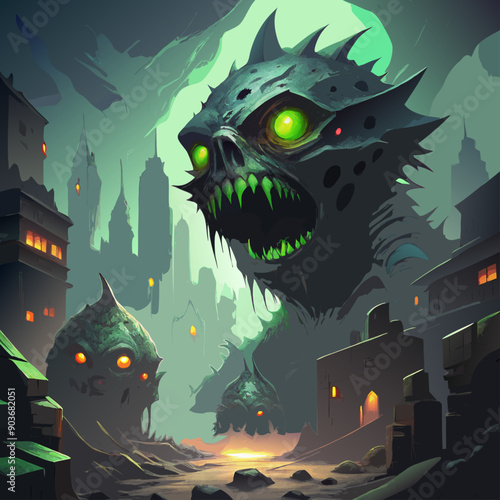 Monstrous mutations lurking amidst urban ruins, their glowing eyes piercing through the darkness as toxic fog swirls around vector graphics