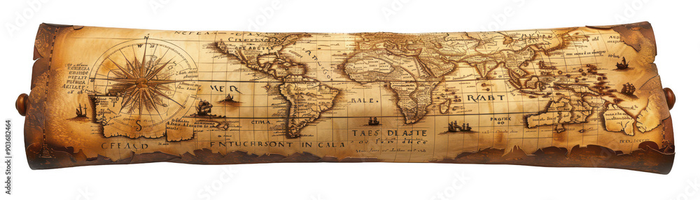 Obraz premium Antique World Map Featuring Detailed Nautical Elements and Exploratory Routes