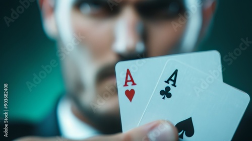 Cool poker player holding 2 cards, sitting in front of the poker table and looking straight ahead. The realistic and cinematic style captures the intensity and focus of a high-stakes poker game.