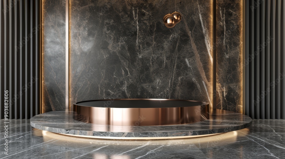 A large, ornate bathtub sits in a room with a marble wall A large, ornate bathtub sits in a room with a marble wall