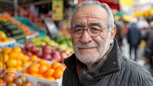 Elderly Man Smiling at a Fruit Market