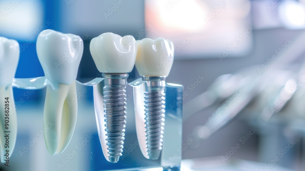 Close-up of dental implants on display in a clinic, showcasing modern dental technology and oral care solutions. Close-up of dental implants on display in a clinic, showcasing modern dental technology and oral care solutions.