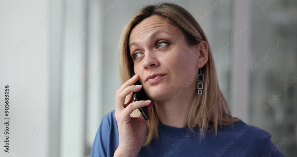 Thoughtful upset woman is having telephone conversation Thoughtful upset woman is having telephone conversation