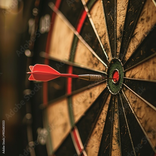 Bullseye target dart board, red dart arrow hitting center shooting for business and winning concepts