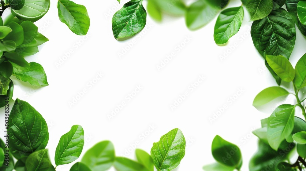 A fresh and vibrant frame of green leaves on a white background, creating a natural and clean design for various uses. A fresh and vibrant frame of green leaves on a white background, creating a natural and clean design for various uses.