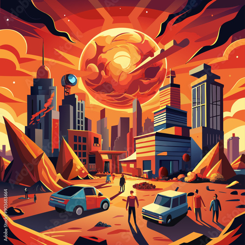 A futuristic cityscape reeling from a catastrophic solar flare, with scorched buildings and emergency responders amidst chaos