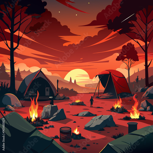 A makeshift campsite at dusk, with flickering campfires, salvaged tents, and weary survivors gathered under a blood-red sky backgrounds