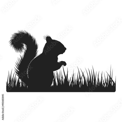 Black silhouette of a squirrel in grass.