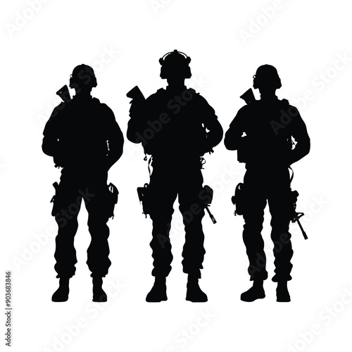 Silhouettes of three soldiers standing in formation.