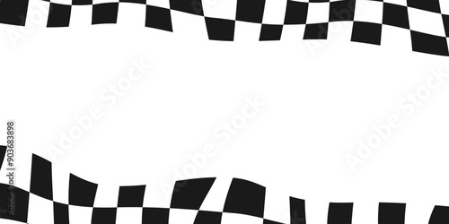 Race checker flag background. Finish check rally background. Wavy psychedelic chessboard pattern. Hippie twisted gingham checkerboard frame. Vector illustration isolated on white background.