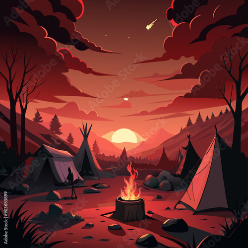 A makeshift campsite at dusk, with flickering campfires, salvaged tents, and weary survivors gathered under a blood-red sky