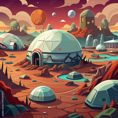 A failed colony on an alien planet, with abandoned biodomes and malfunctioning terraforming equipment under alien skies backgrounds