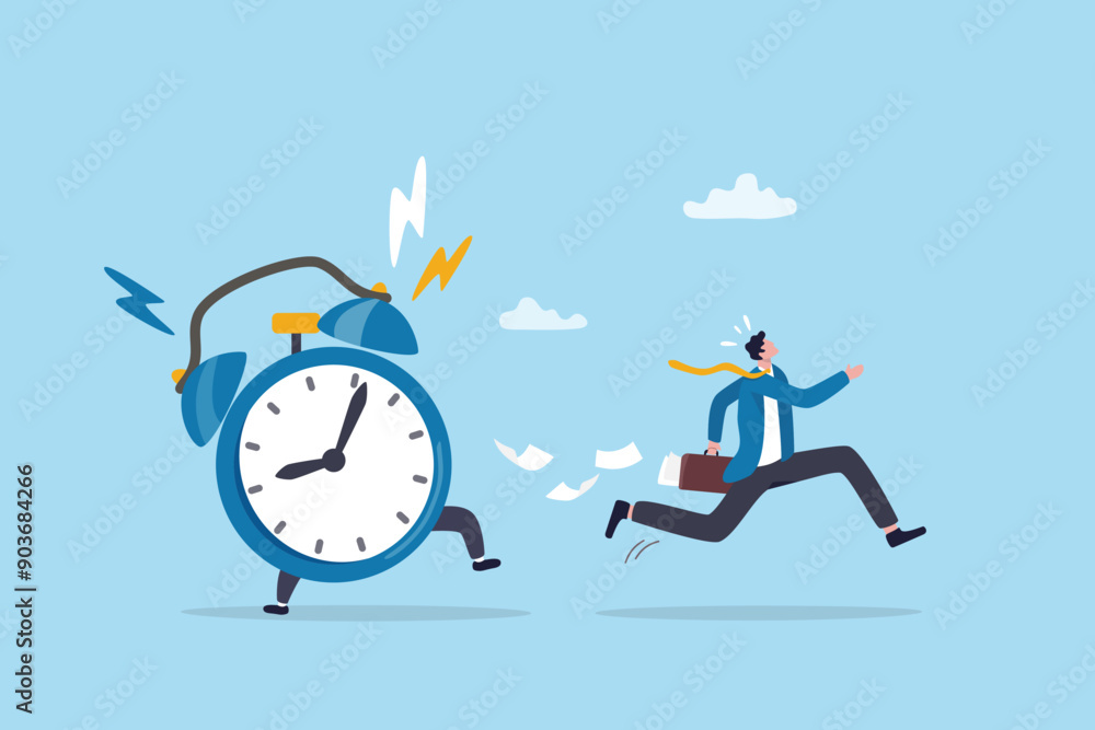 Late, hurry to go to work, rushing or running fast before deadline, speed or busy job, pressure or challenge to finish work in time, urgency concept, frustrated businessman hurry running to work late. Late, hurry to go to work, rushing or running fast before deadline, speed or busy job, pressure or challenge to finish work in time, urgency concept, frustrated businessman hurry running to work late.
