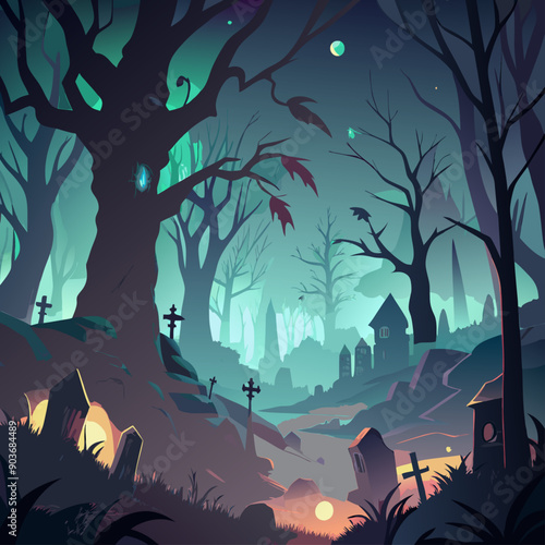 A dense, shadowy forest haunted by spectral lights and twisted trees, with fog rolling over an abandoned cemetery backgrounds