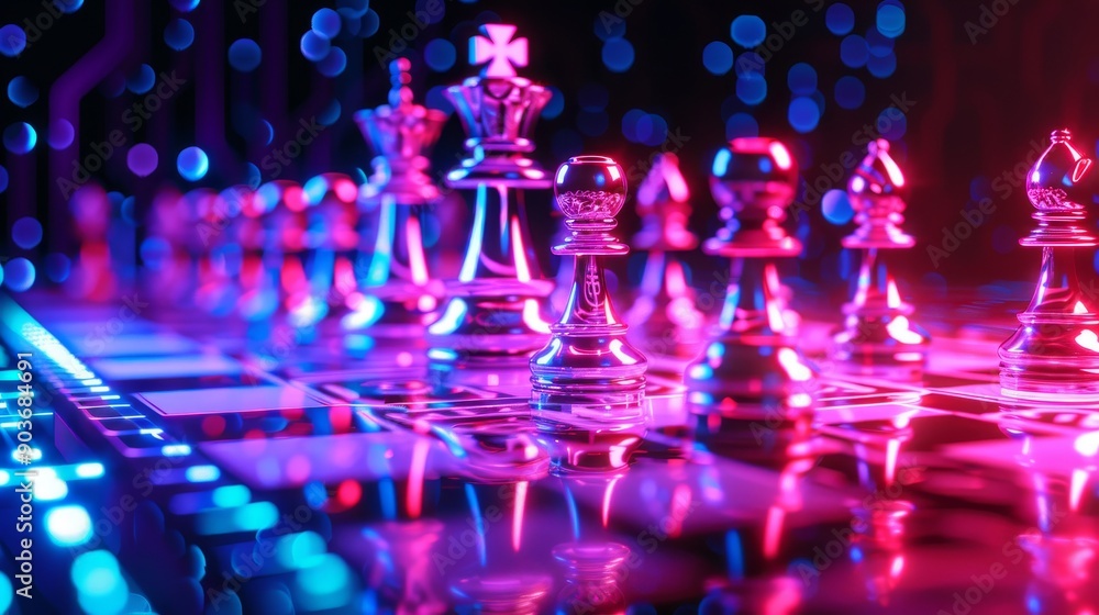 futuristic holographic chess board with glowing neon figures, set in a virtual environment, showcasing digital gaming and strategy with vibrant colors and intricate details futuristic holographic chess board with glowing neon figures, set in a virtual environment, showcasing digital gaming and strategy with vibrant colors and intricate details