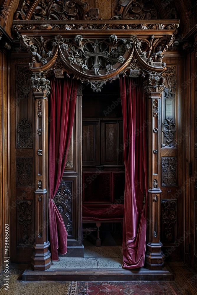 Fototapeta premium Ornate Wooden Confessional Booth With Velvet Curtains in a Historic Church