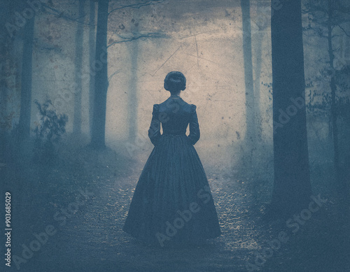 Victorian Woman in Black Dress in Woods - Cyanotype Look photo