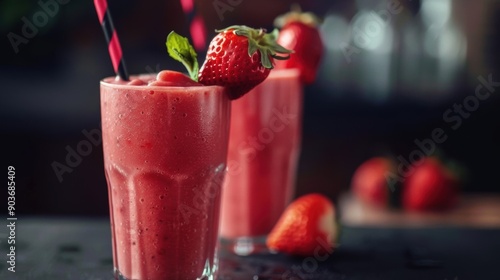 Wallpaper Mural Refreshing strawberry smoothie in a glass with a fresh strawberry garnish, perfect for a healthy and delicious treat. Torontodigital.ca