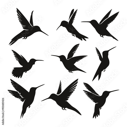 Set of 9 hummingbird silhouettes in different poses.